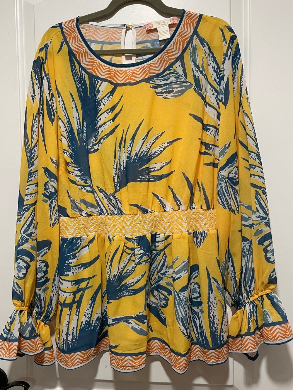 Beachy Boho Beauty Flying Tomato Yellow Blue Tropical Resort Peplum Tunic Sz 2X